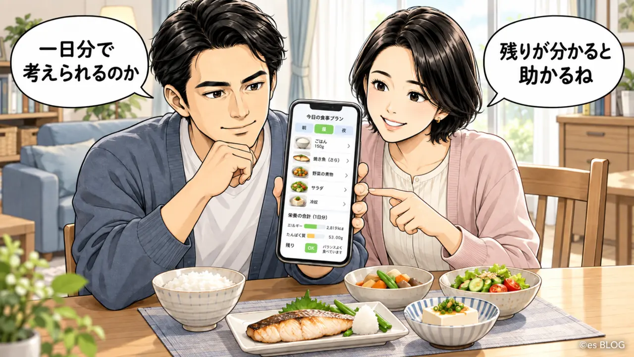 エスとエムが食卓で1日分の献立を考えているイラスト