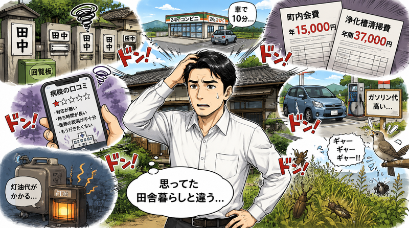 田舎暮らしのカルチャーショックに驚くイラスト