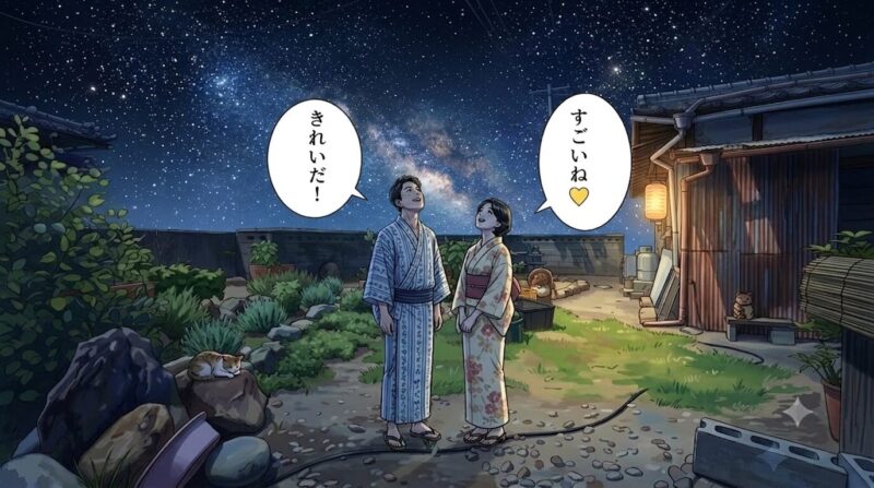 爆風で揺れる古い母屋
