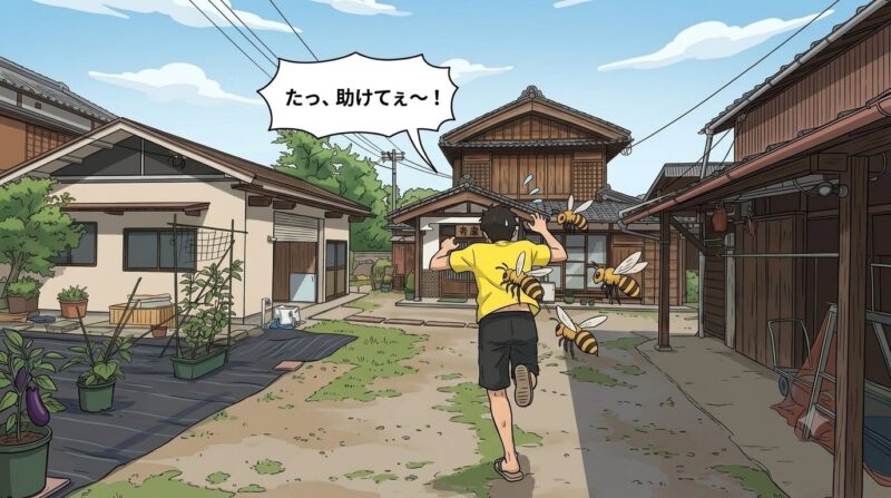 黄色いシャツを着て蜂に襲われる様子