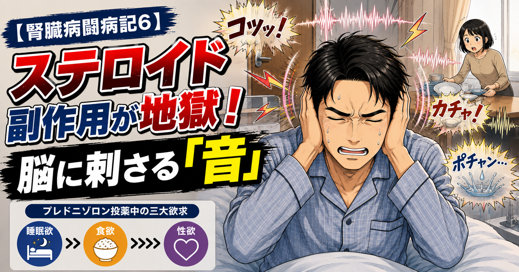 ステロイド投薬中の欲求順位（睡眠欲＞食欲＞性欲）を表したイラスト