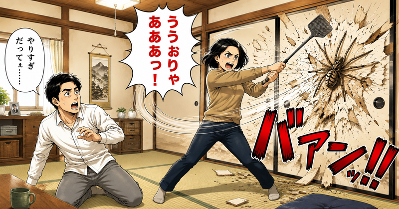ハエ叩きでクモに立ち向かうパワフルな妻のイラスト