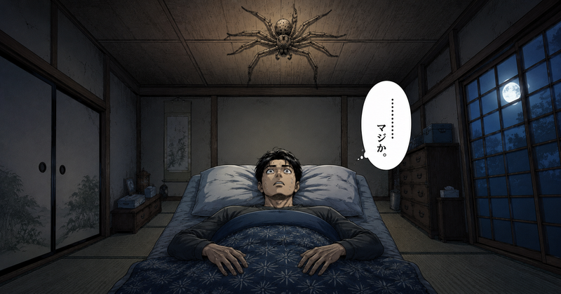 部屋の天井に出現した巨大なアシダカグモのイラスト