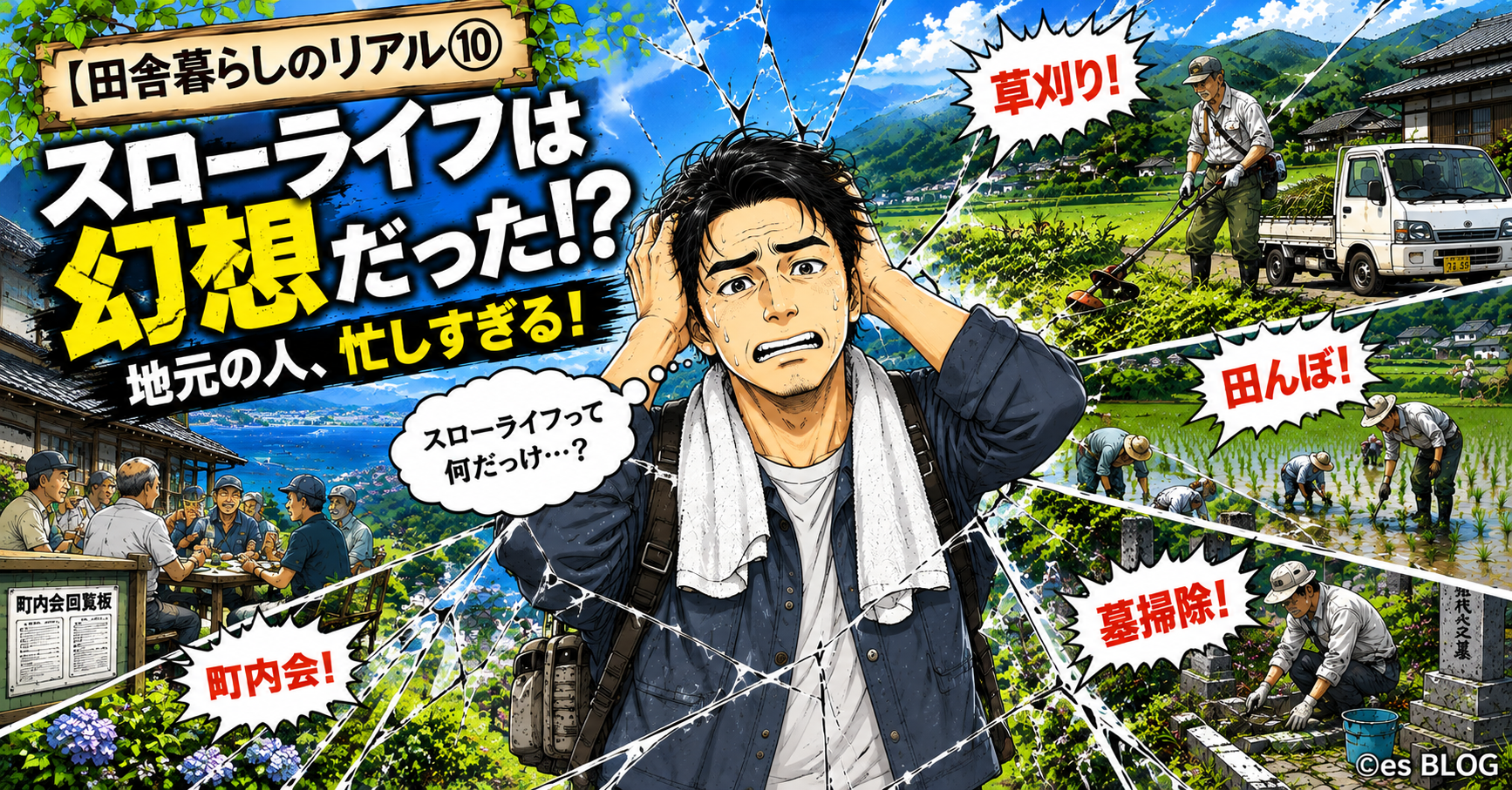 田舎暮らしのスローライフが妄想だったことに気づいてショックを受ける男性のイラスト