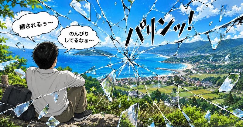 田舎暮らしのスローライフが妄想だったことに気づいてショックを受ける男性のイラスト
