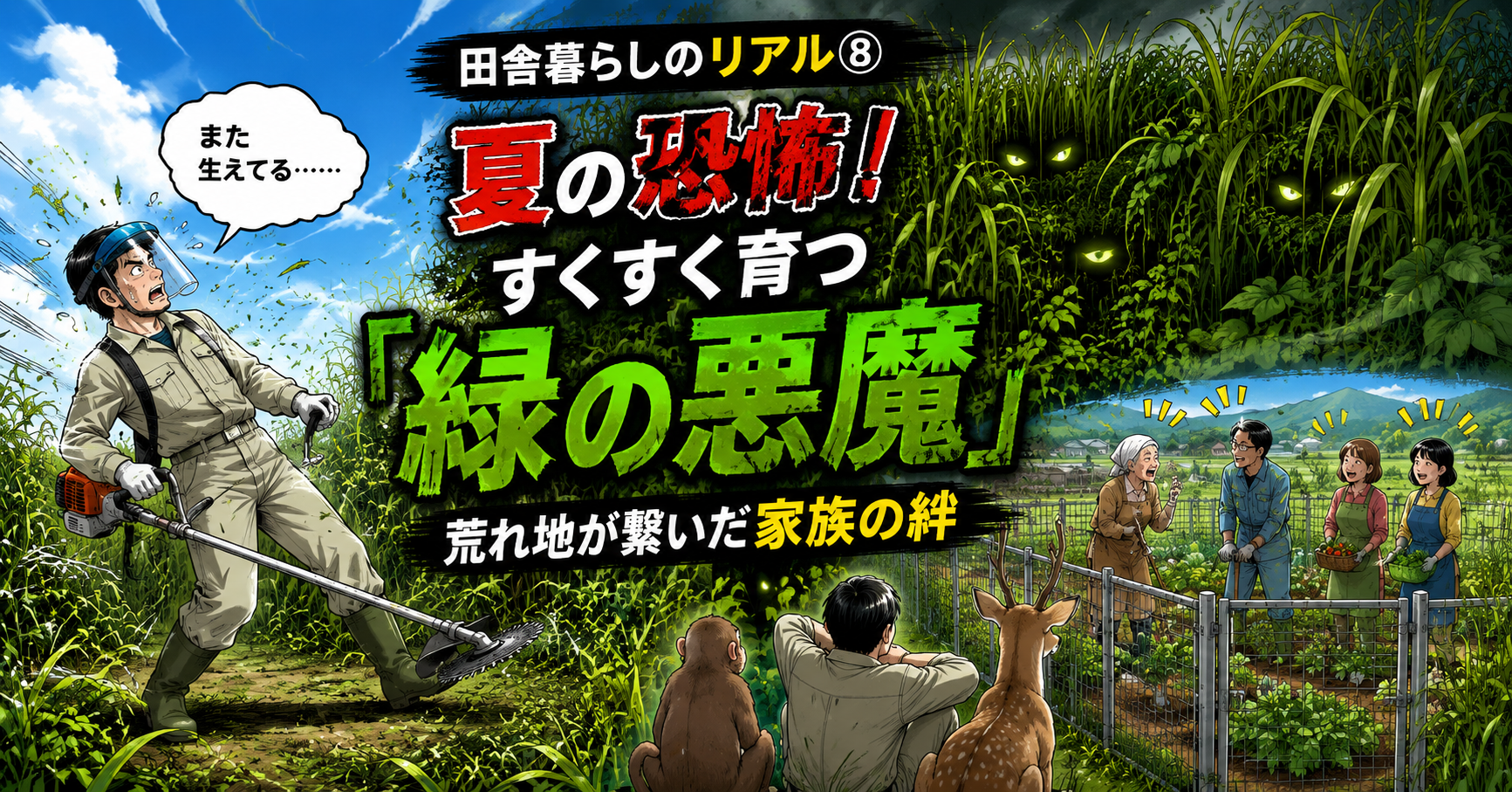 田舎暮らしのリアル8・草刈り機で雑草と戦う男性と荒れ地のイラスト